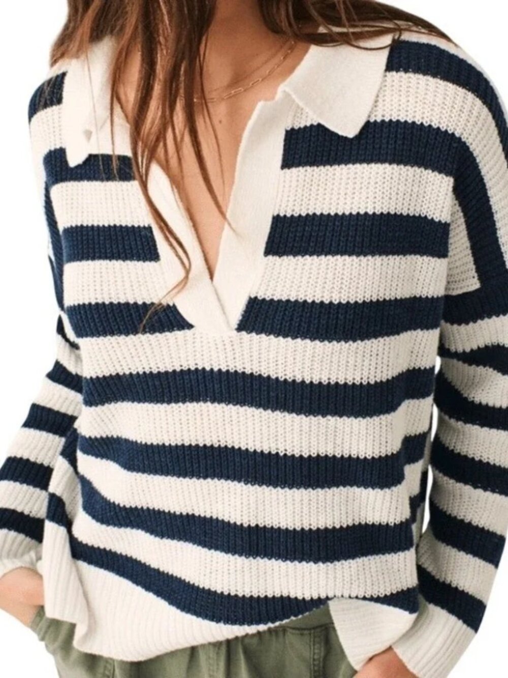 Faherty Miramar Polo Linen/Organic Cotton Collared V Neck Navy White Sweater Top